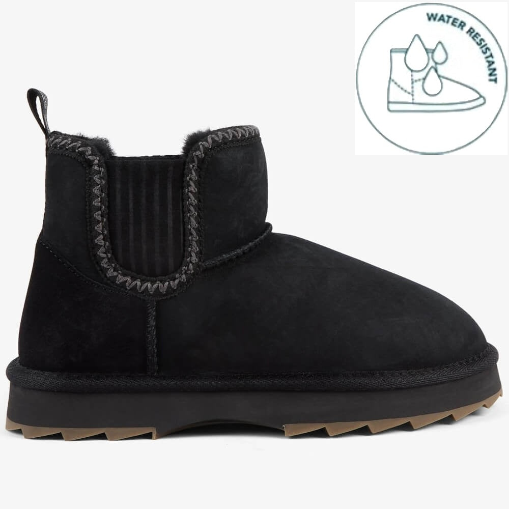 Black suede ankle boot with gray trim on a white background EMU Higgie Black