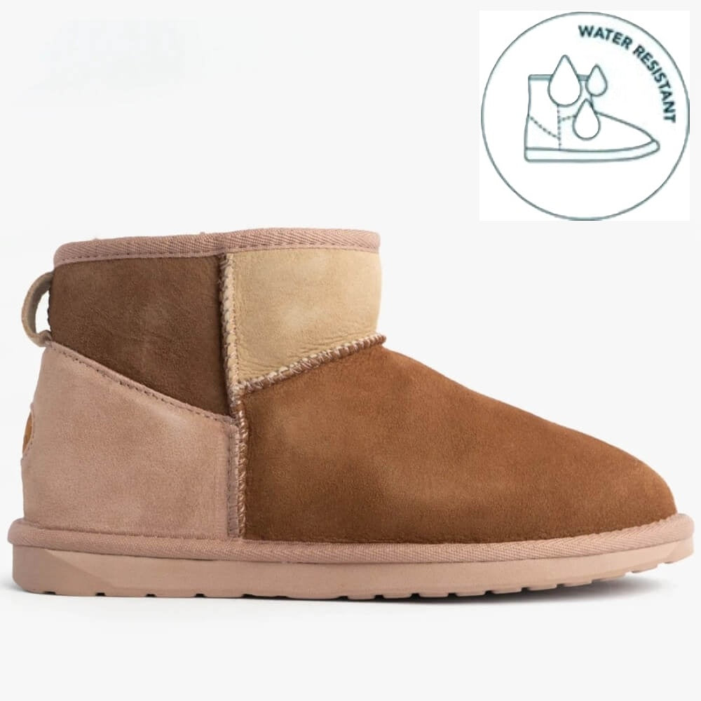 Brown and beige boot with water-resistant icon on a white background Brown and beige suede ankle boot on a white background EMU Stinger Micro Patchwork