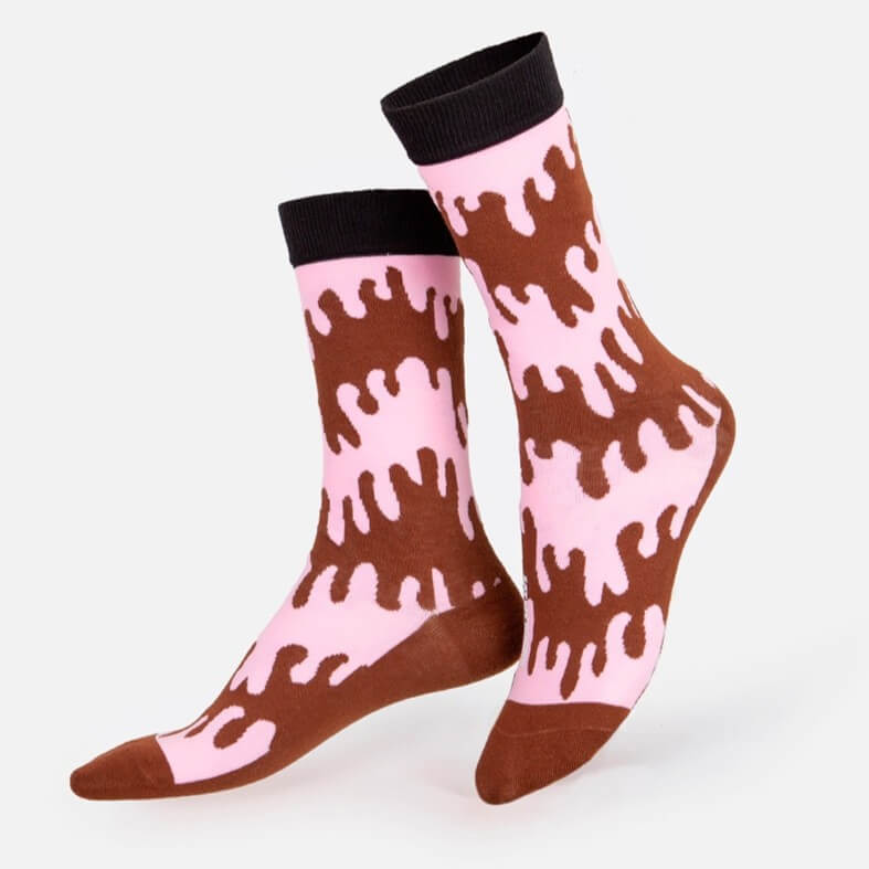 pair of chocolate and pink socks
