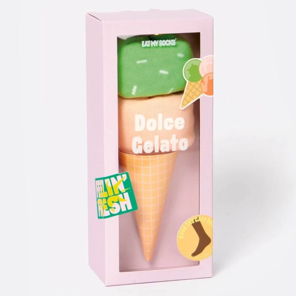 Pair of green and cream socks packaged like an ice-cream