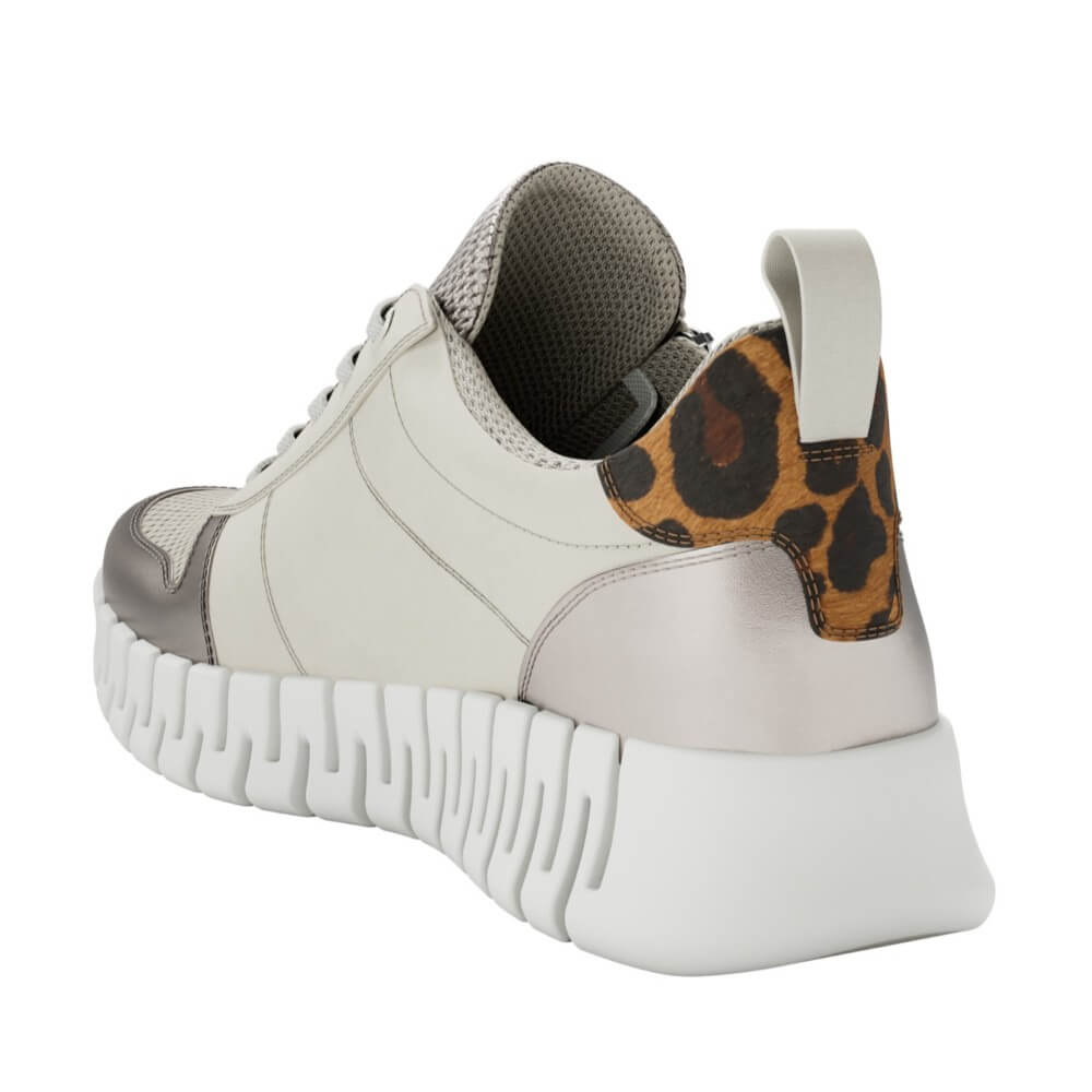 Ecco Beige walking shoe with leopard print accents on a white background