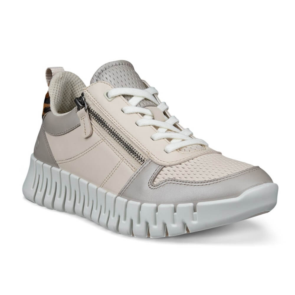 Ecco Beige walking shoe with leopard print accents on a white background