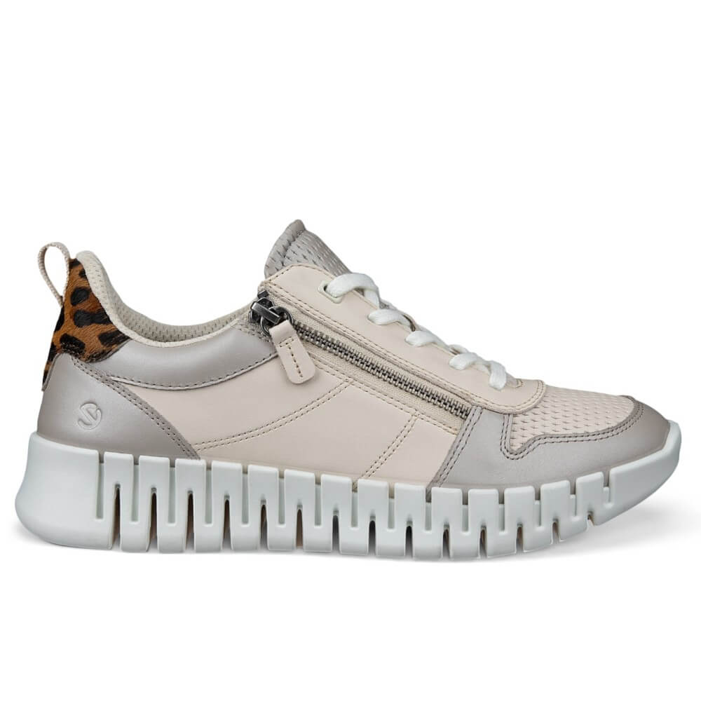 Ecco Beige walking shoe with leopard print accents on a white background