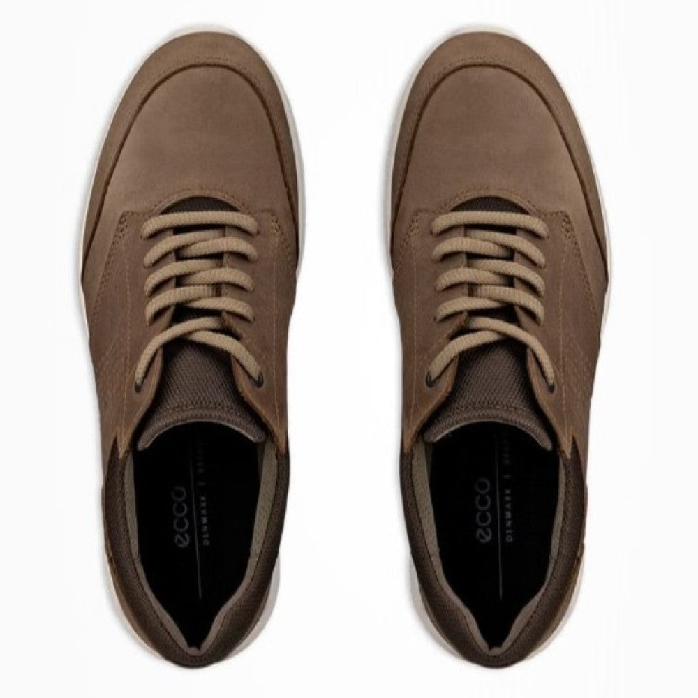 Pair of Ecco brown sneakers with laces on a white background