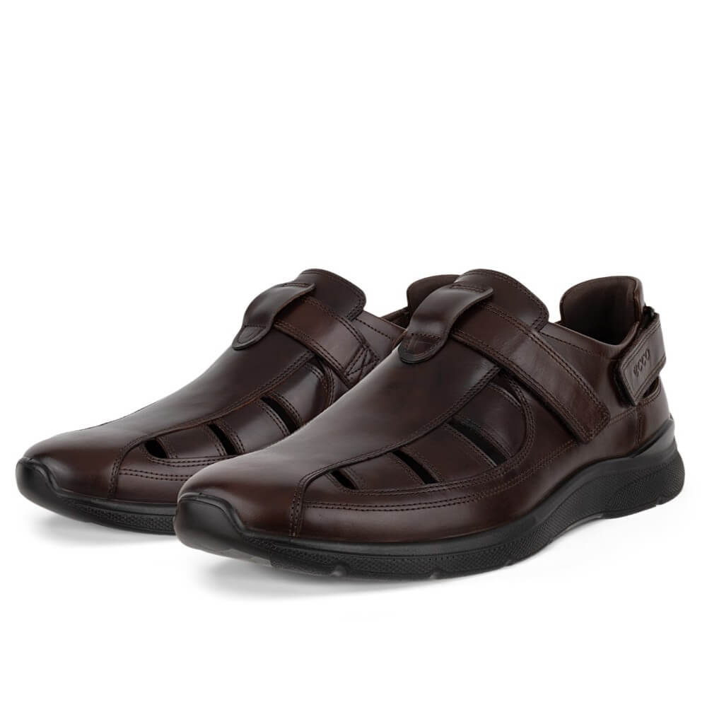 Pair of Ecco Brown Fisherman sandals with Velcro straps on a white background