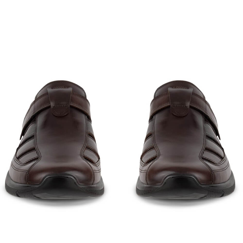 Pair of Ecco Brown Fisherman sandals with Velcro straps on a white background