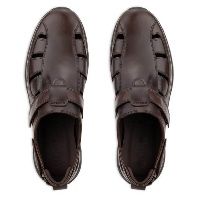 Pair of Ecco Brown Fisherman sandals with Velcro straps on a white background