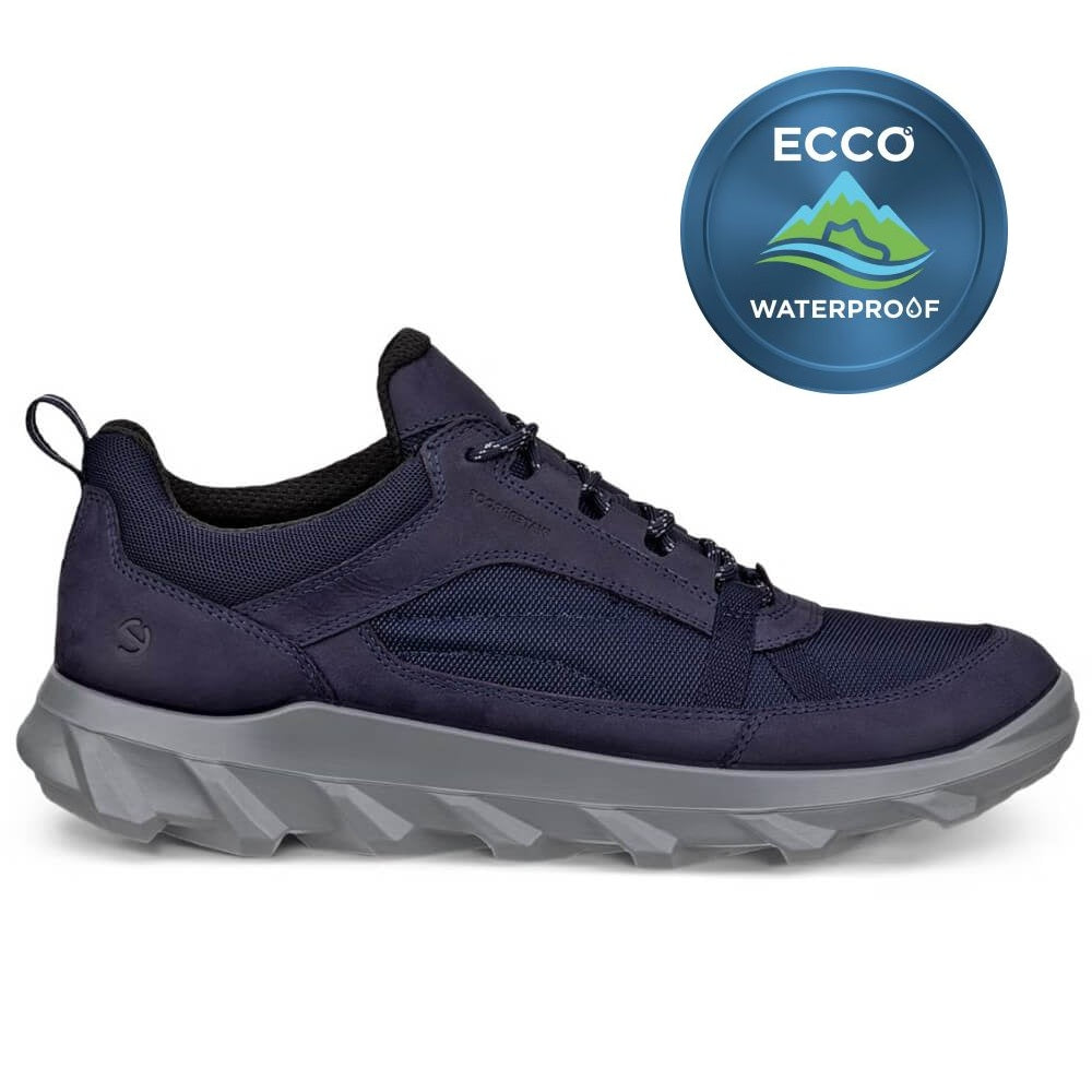 Navy hiking shoe with gray sole on a white background, featuring ECCO waterproof logo.