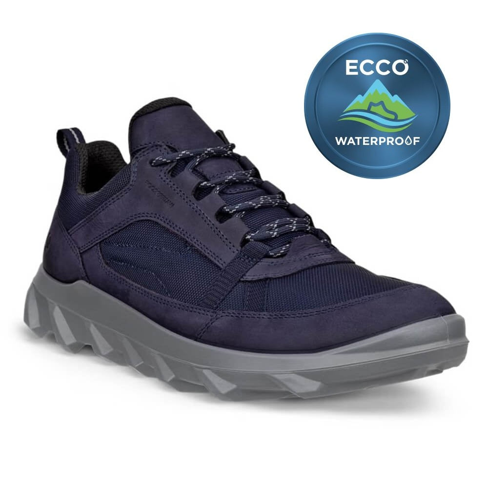 Navy blue sneaker with gray sole on a white background, featuring ECCO waterproof logo.