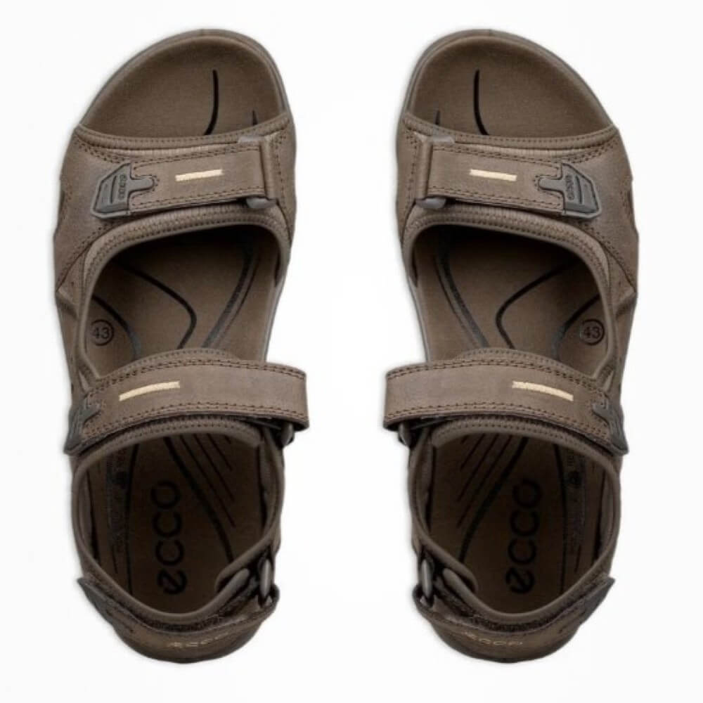 Pair of Ecco offroad Brown sandal with multiple straps on a white background