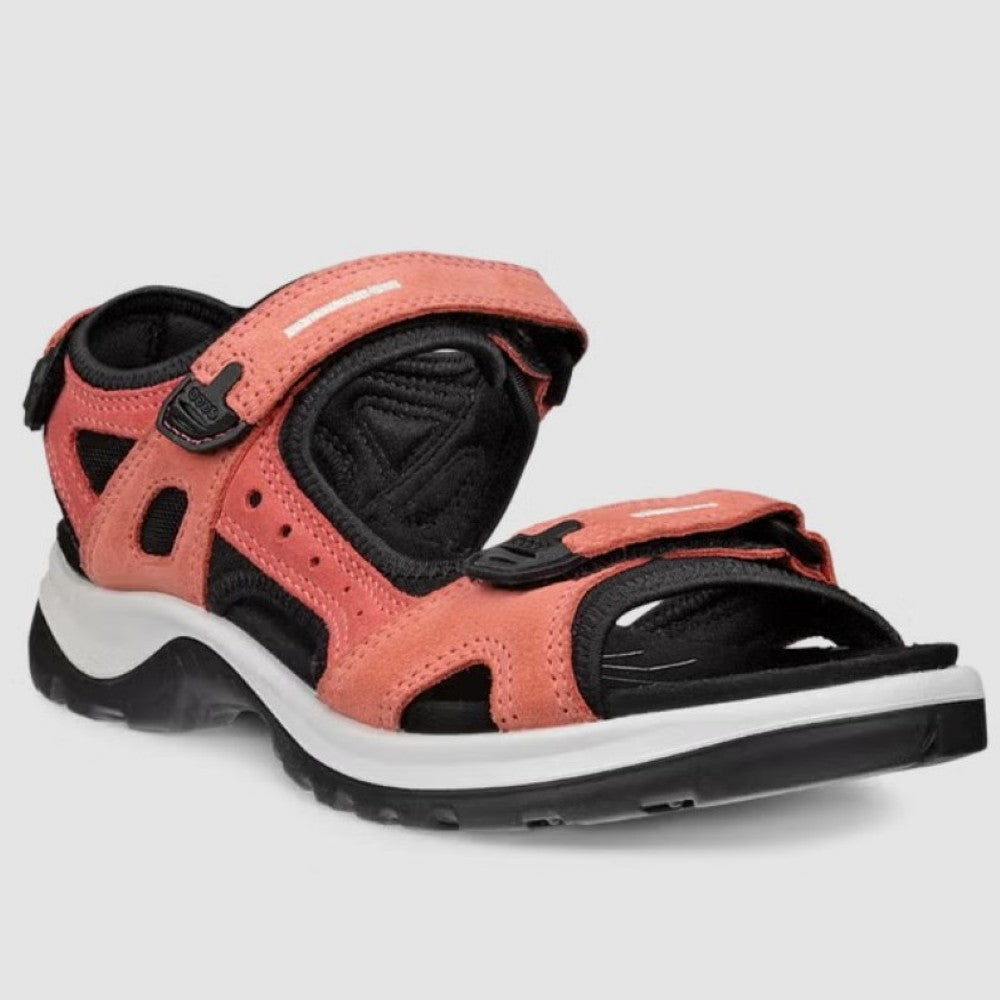 Ecco Coral, Pink and black walking sandal on a grey background