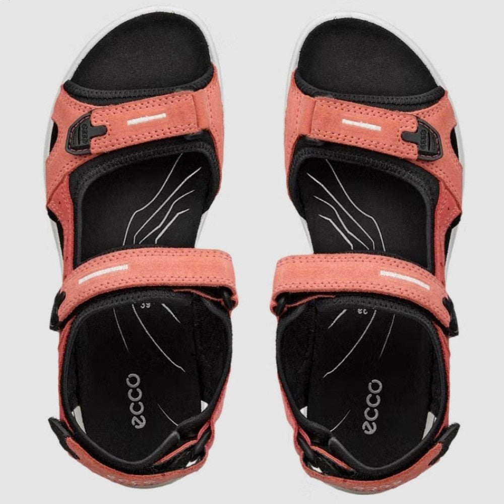Ecco Coral, Pink and black walking sandal on a grey background
