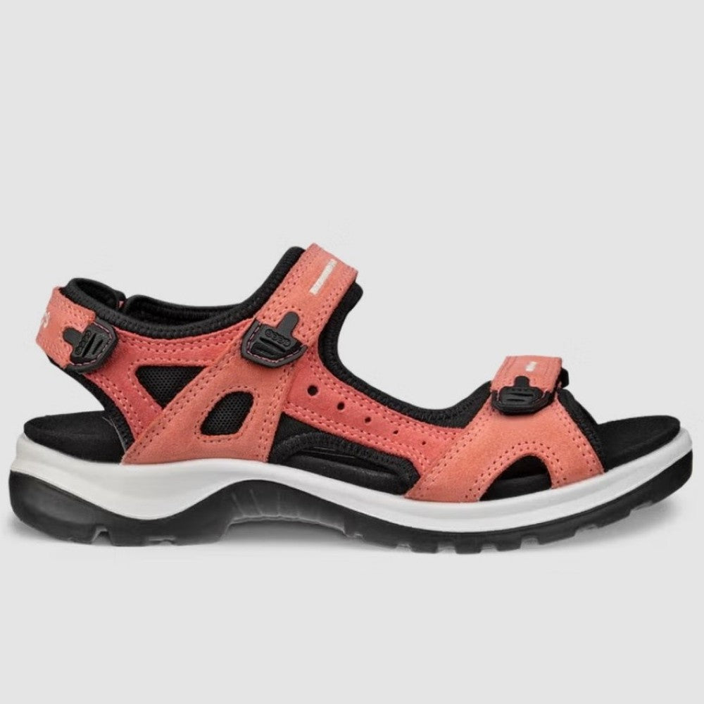 Ecco Coral, Pink and black walking sandal on a grey background