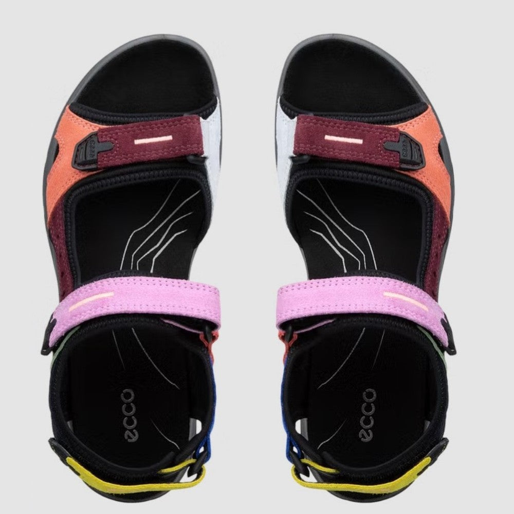 Ecco Multi-coloured Walking sandal with Velcro straps on a light grey background
