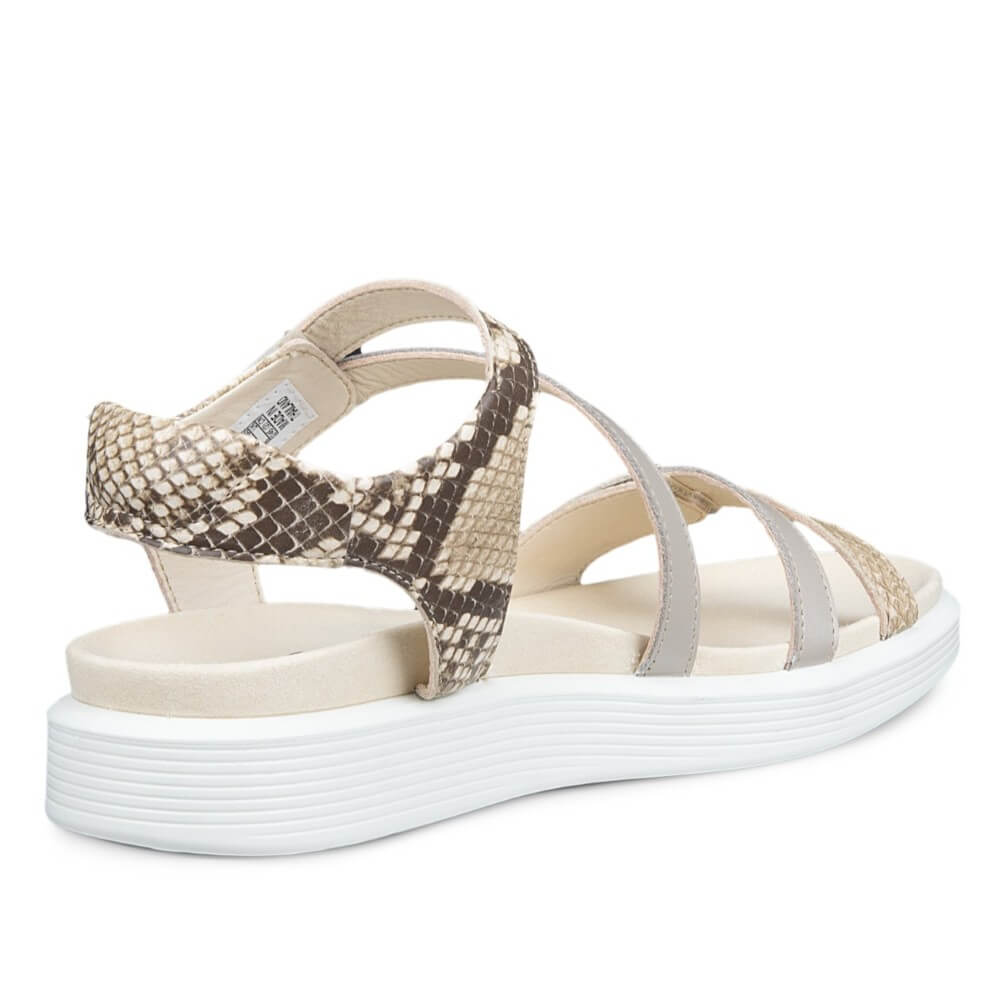 Ecco Beige sandal with snake print straps on a white background
