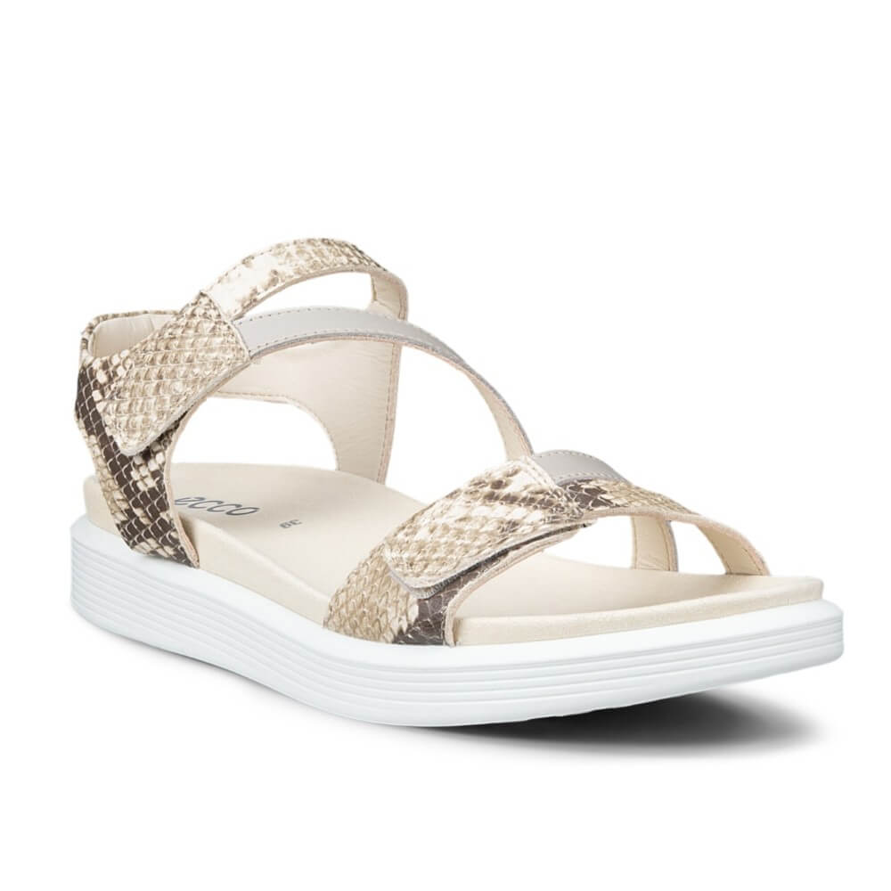 Ecco Beige sandal with snake print straps on a white background