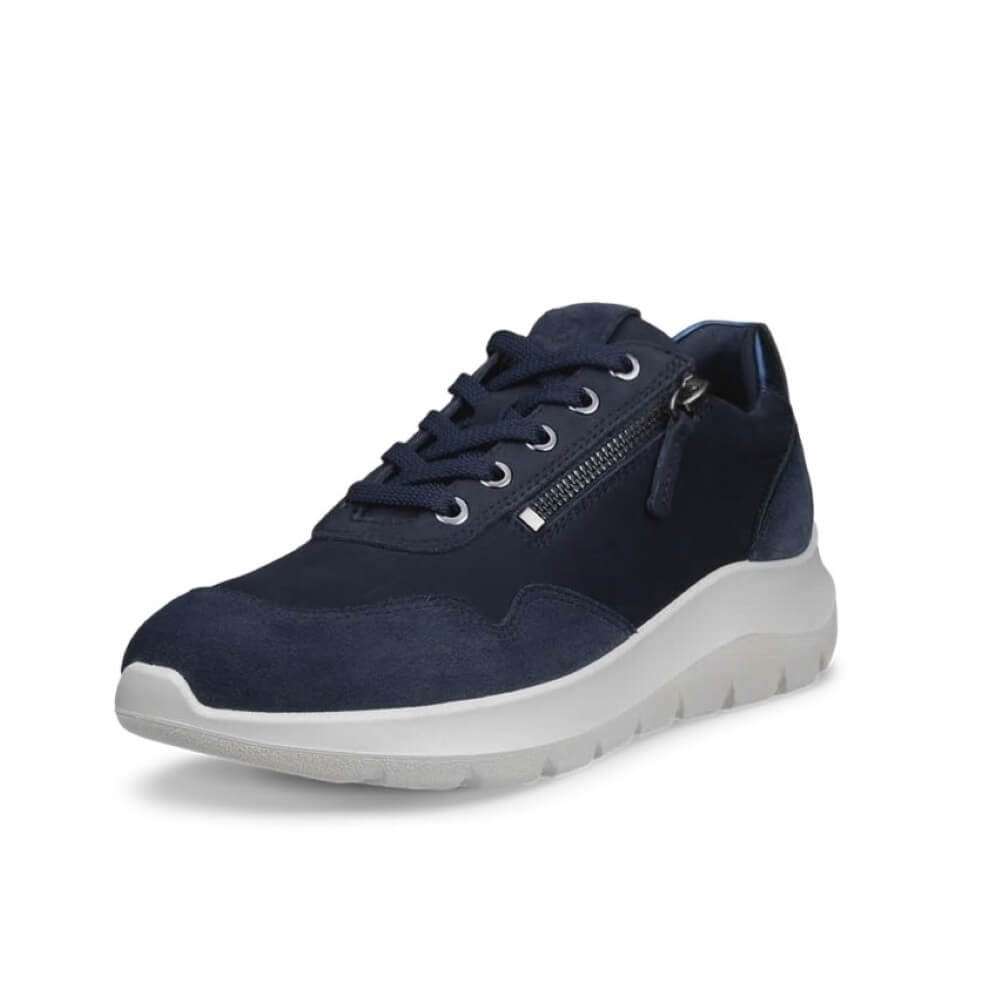 Ecco Navy athletic shoe with a white sole on a white background