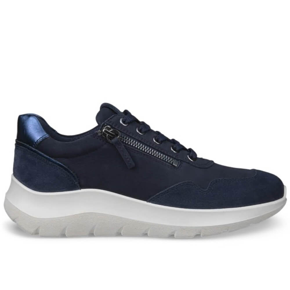  Ecco navy blue low-top sneaker with a textured suede upper, matching navy laces, a side zipper and a thick white platform sole, shown from side angle on a white background.