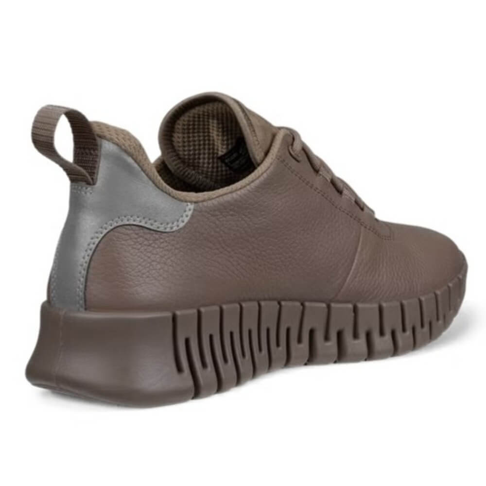 Brown sneaker with gray accent on a white background