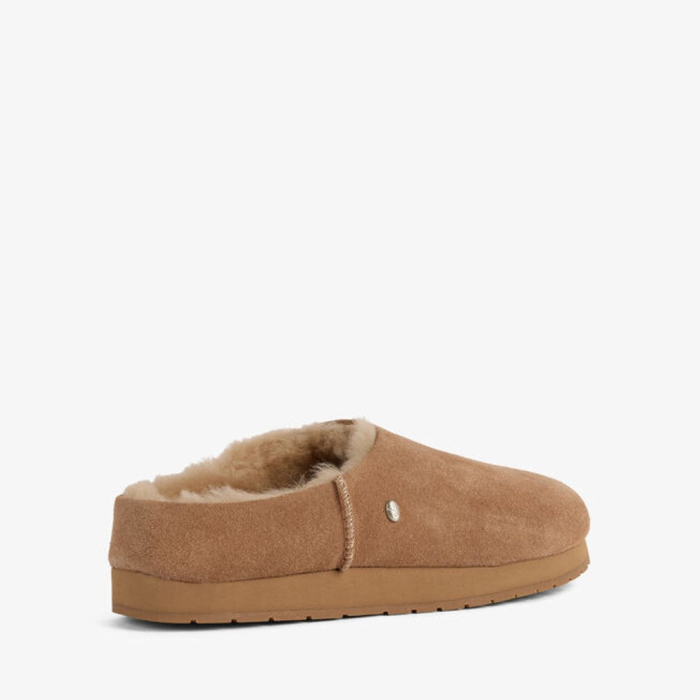 A single tan suede slip-on clog shoe with a soft beige shearling lining, shown from a side profile view against a plain white background.