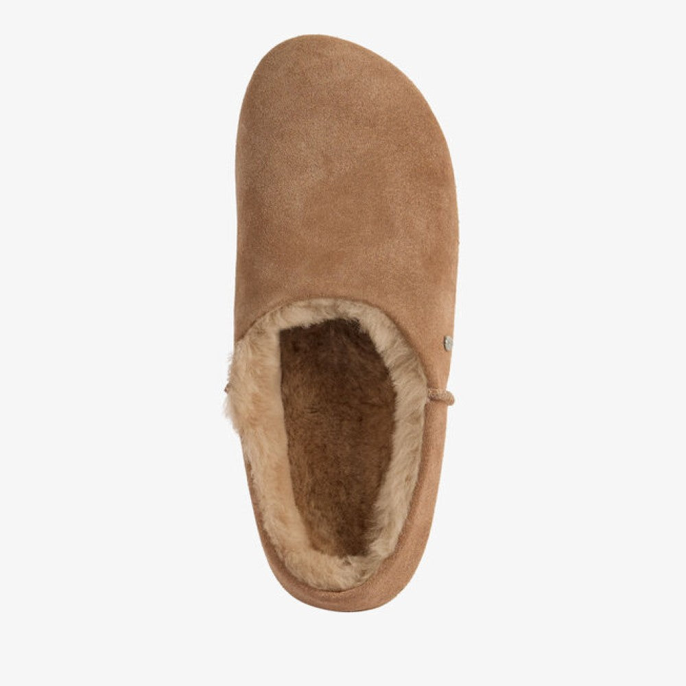 A single tan suede slipper with a plush beige shearling lining, shown from a top-down view on a light gray background.