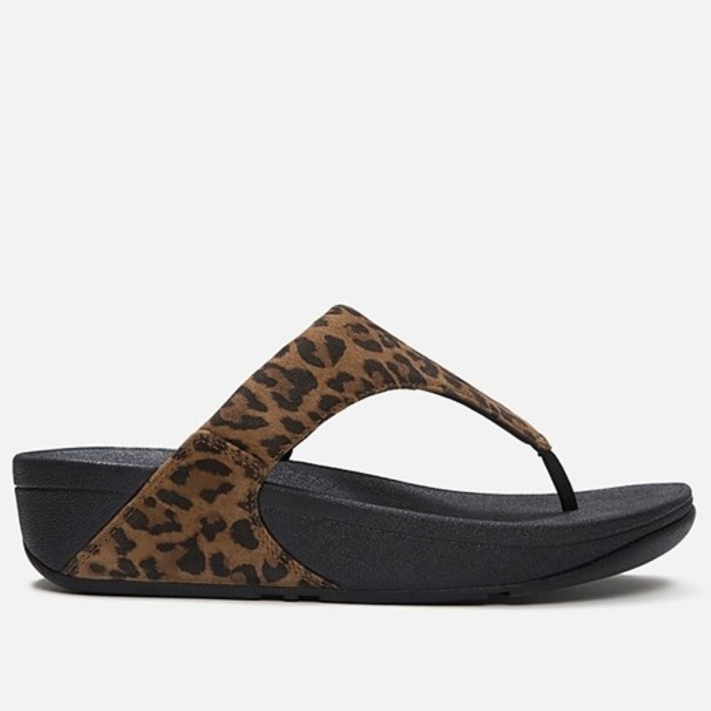Fitflop Leopard print sandal with black sole on a white background