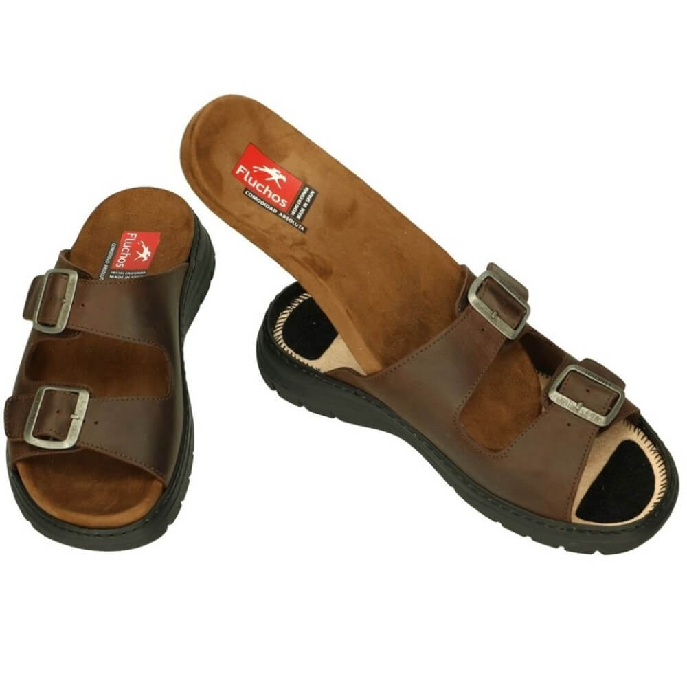 Fluchos Brown leather sandal with two straps and removable insoles on a white background