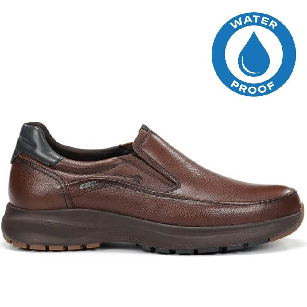 Brown slip-on shoe with black sole on a white background, featuring a waterproof label. Fluchos Triton F2064 Waterproof Leather Slip-on Nut Brown