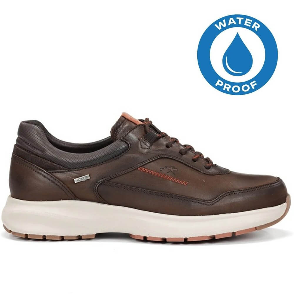 Brown leather shoe with a waterproof label on a white background Fluchos Triton F2069 Waterproof Leather Laced Shoe Caffee Brown