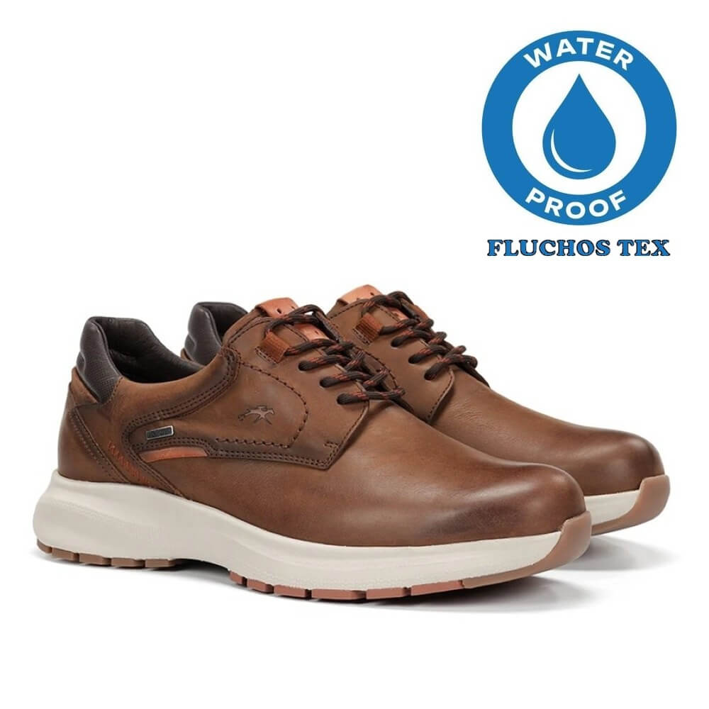 Brown leather shoe with white sole on a white background, featuring a waterproof label.  Fluchos Triton TEX F2067 Waterproof Leather Laced Shoe Nut Brown