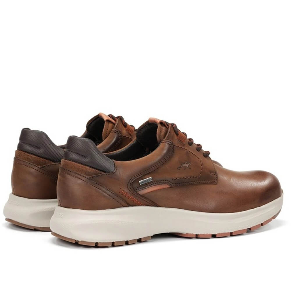 Brown leather shoe with white sole on a white background, featuring a waterproof label.  Fluchos Triton TEX F2067 Waterproof Leather Laced Shoe Nut Brown