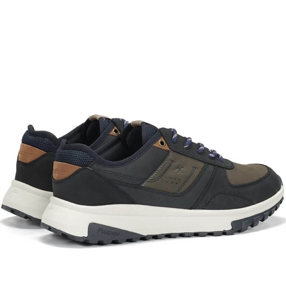 Navy and brown sneakers with white soles on a white background Fluchos Arion F2013 Leather Trainer Navy