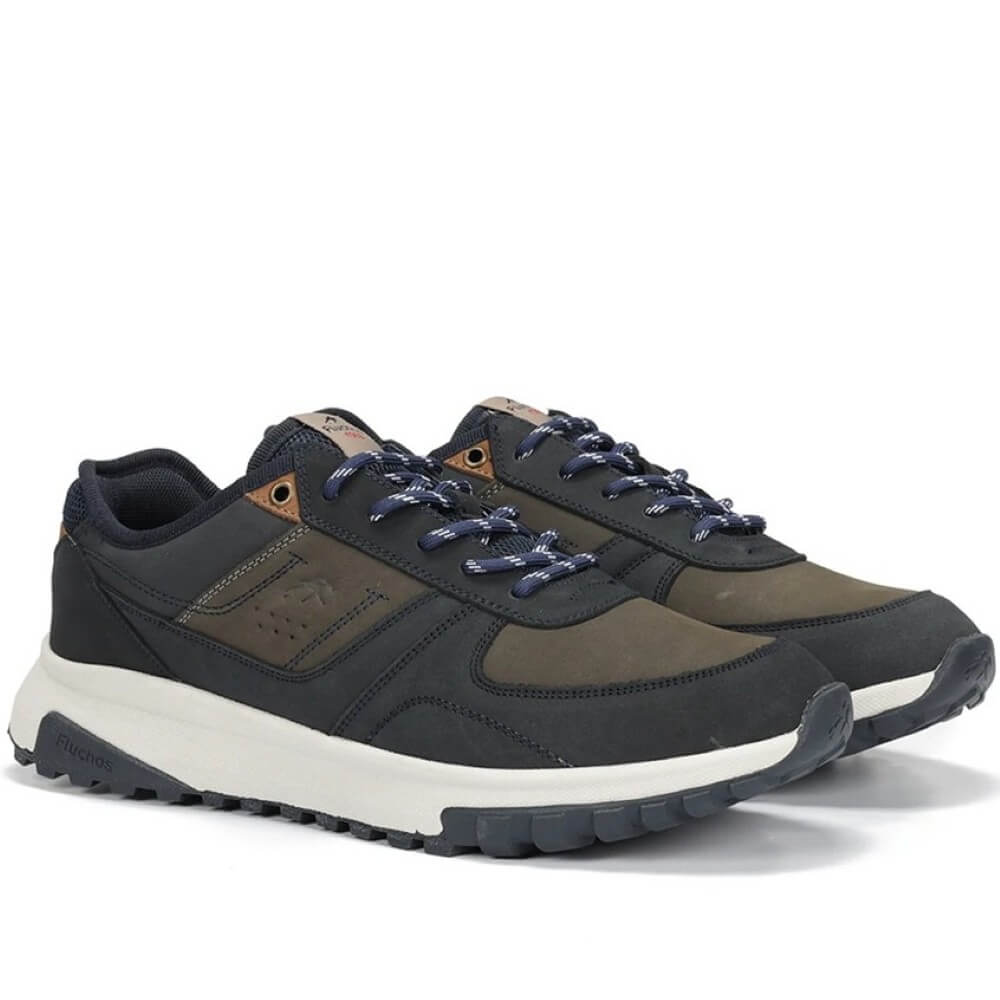 Pair of navy and brown sneakers on a white background Fluchos Arion F2013 Leather Trainer Navy