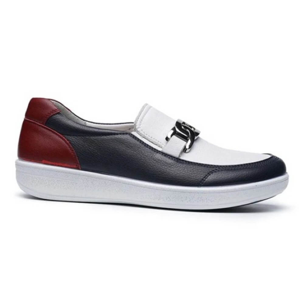 G Comfort Navy and white shoe with red accents on a white background
