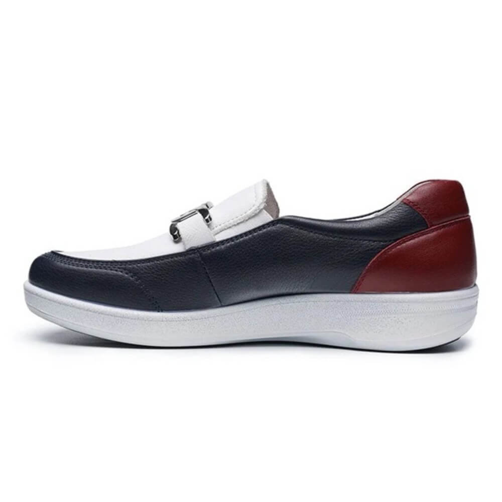 G Comfort Navy and white shoe with red accents on a white background