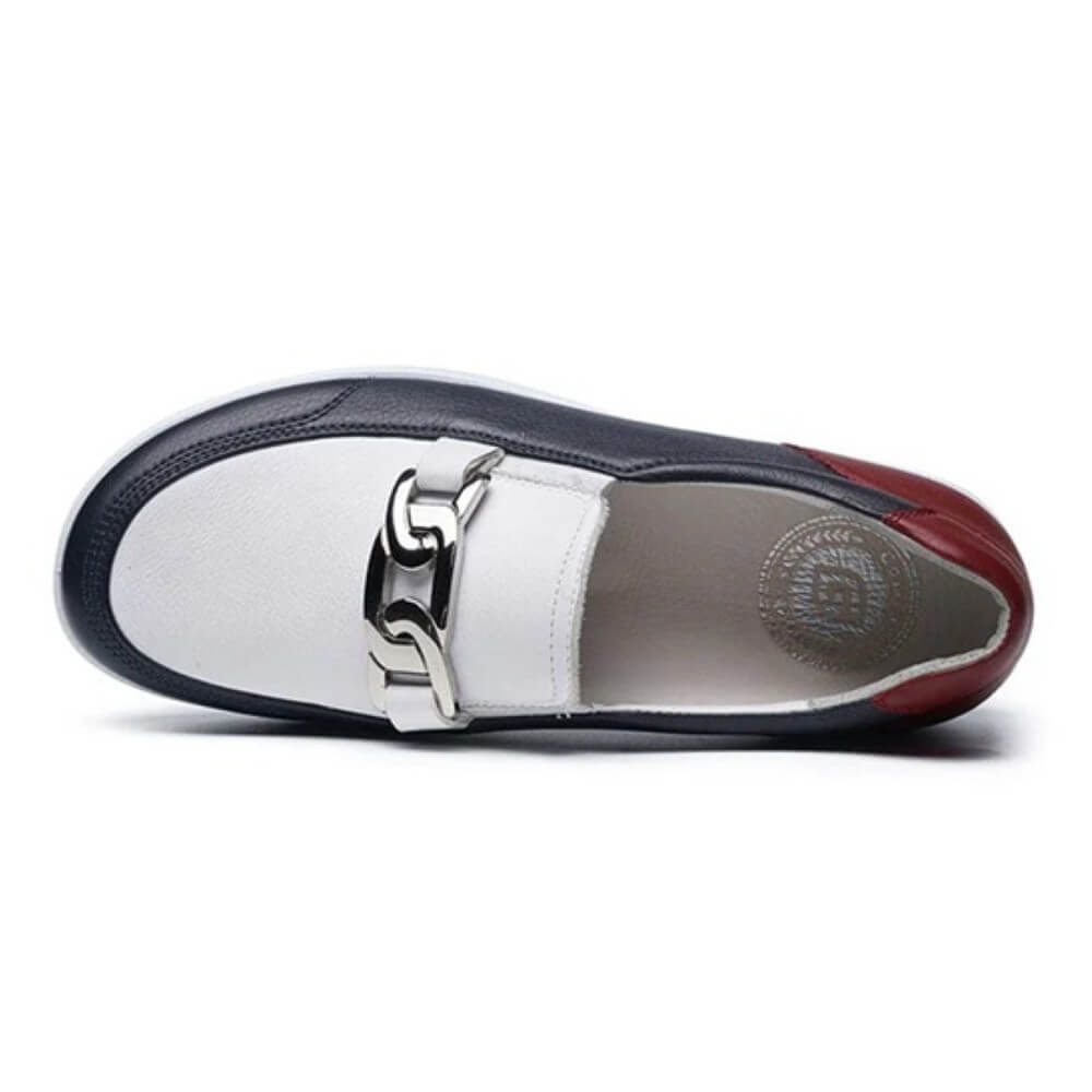 G Comfort Navy and white shoe with red accents on a white background