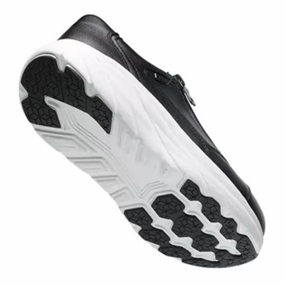 navy and white athletic shoe on a white background