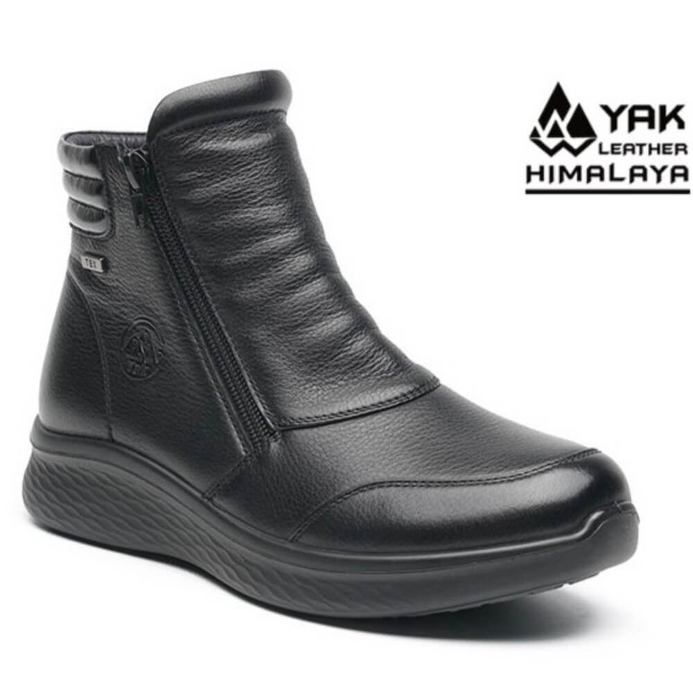 Black leather boot with a visible brand logo on a white background