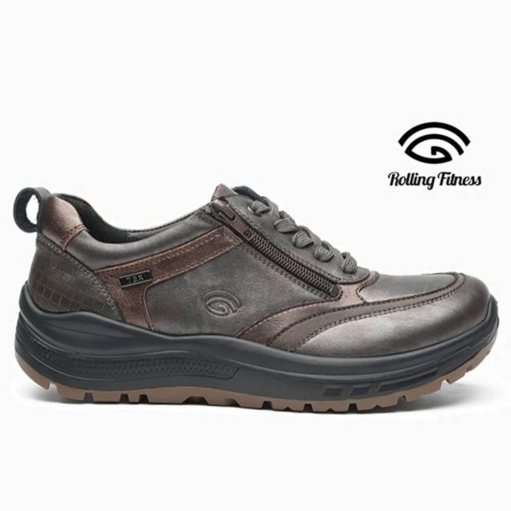 Brown shoe with black sole on a white background, featuring the Rolling Fitness logo.
