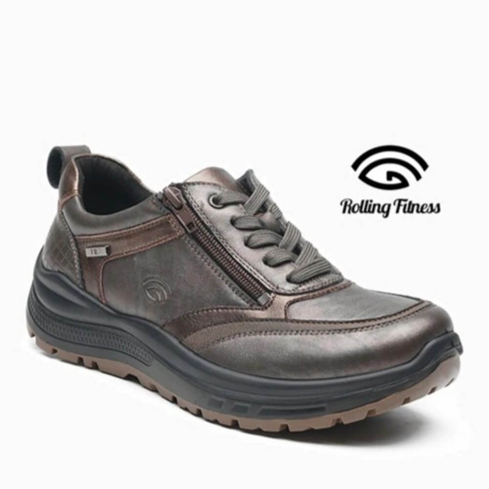 Brown and gray athletic shoe with 'Rolling Fitness' logo on a white background