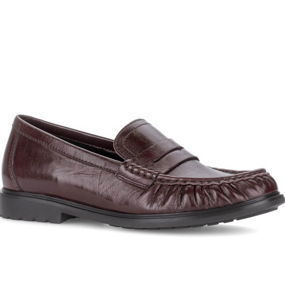 A Gabor Mulberry leather penny loafer shoe with a textured finish and a black sole, shown from a side profile on a white background.