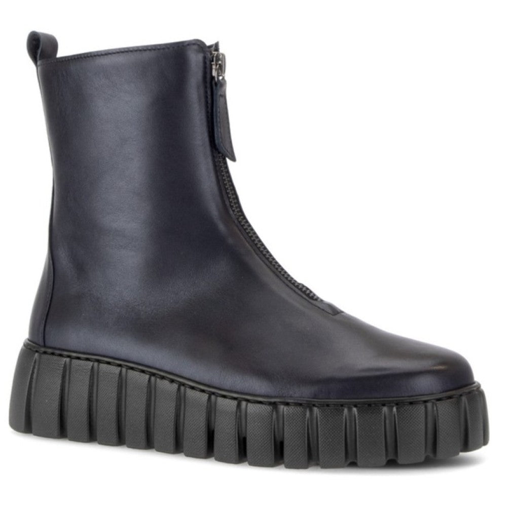 A Gabor black leather ankle boot with a side zipper, a pull tab, and a chunky ribbed platform sole, shown from a side profile on a white background.