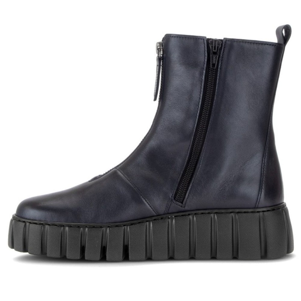 A Gabor black leather ankle boot with a side zipper, a pull tab, and a chunky ribbed platform sole, shown from a side profile on a white background.