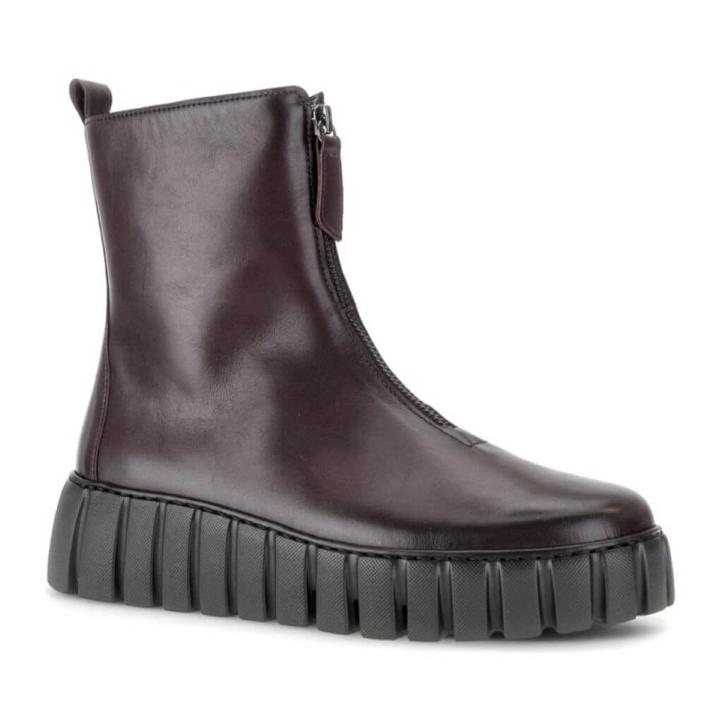 Gabor wine leather ankle boot with a chunky black ribbed sole, shown from a side profile on a white background.