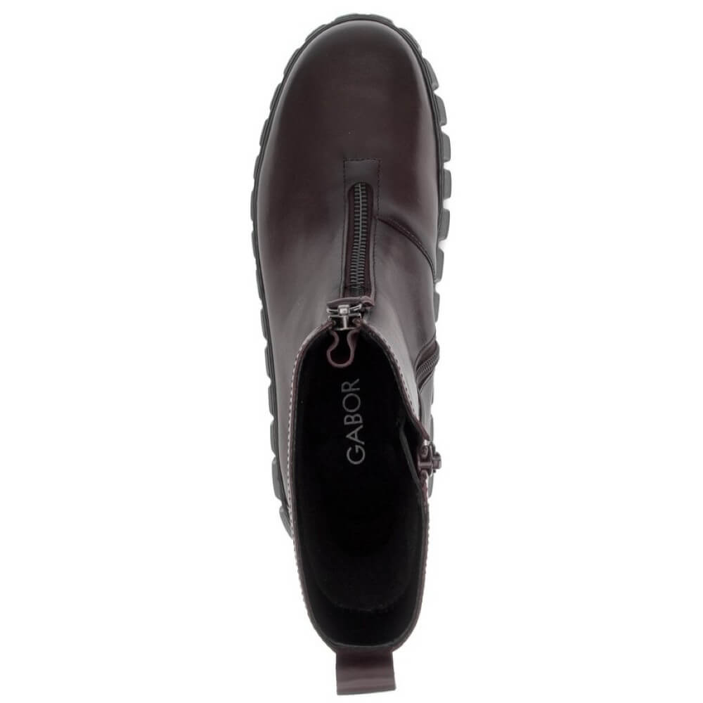 Gabor wine leather ankle boot with a chunky black ribbed sole, shown from a top profile on a white background.