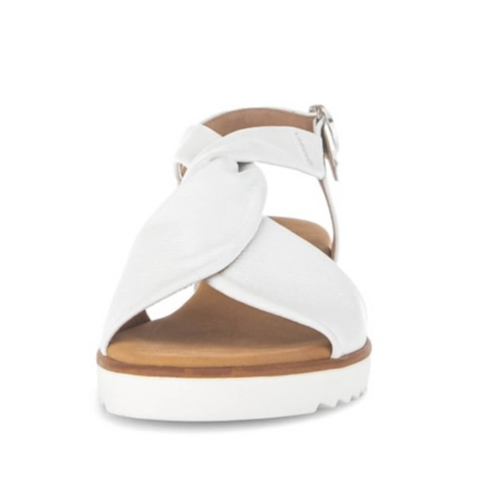 Gabor White Leather sandal with cork wedge sole on a white background