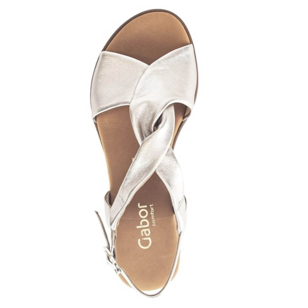 Gabor light gold sandal with a cork wedge sole on a white background