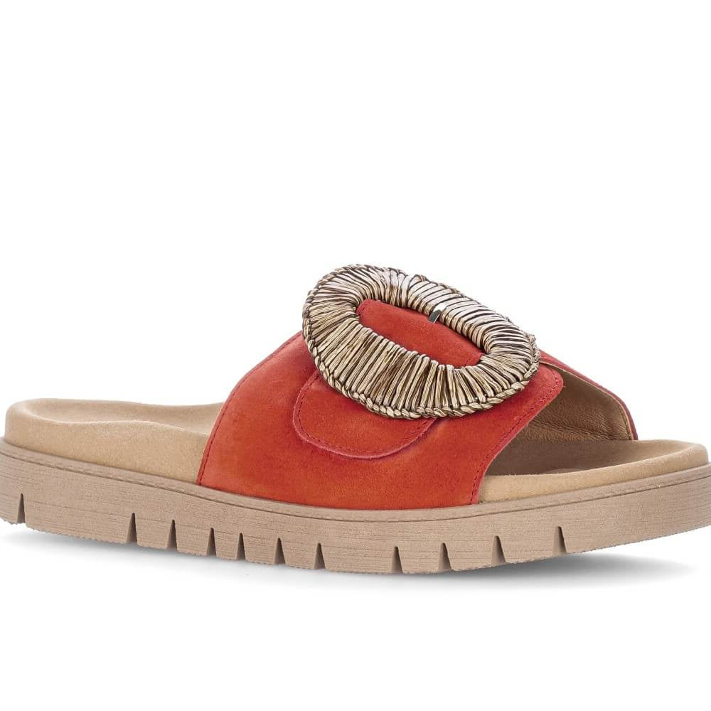 Gabor Chili Red Multicolored sandal with a decorative ring on a white background