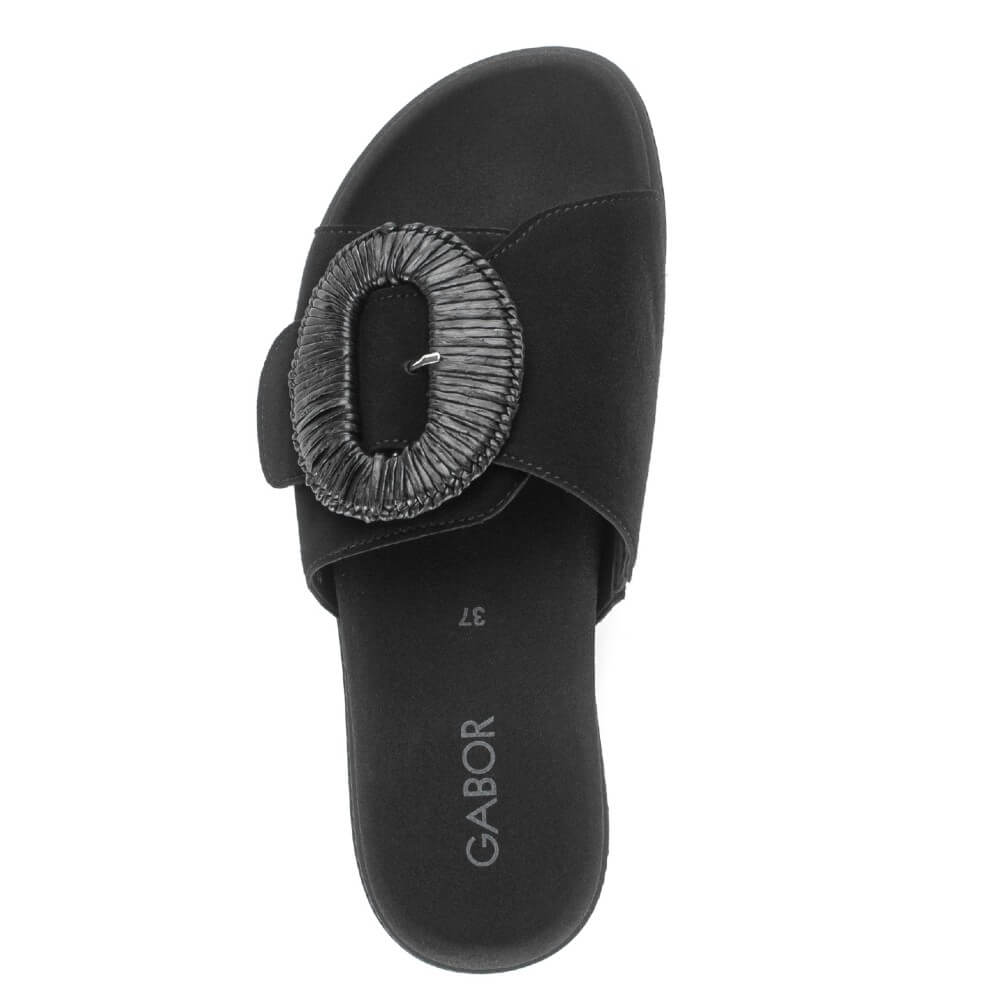 Gabor Black sandal with a decorative ring on a white background