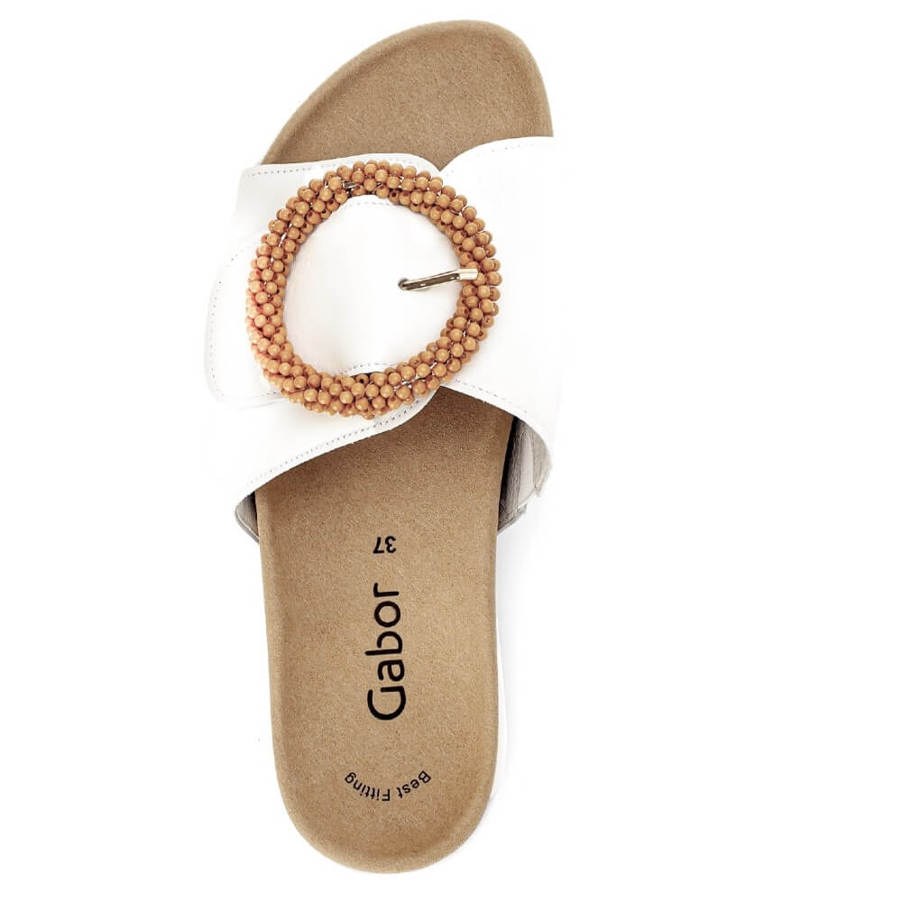 Gabor White sandal with a brown beaded strap on a white background